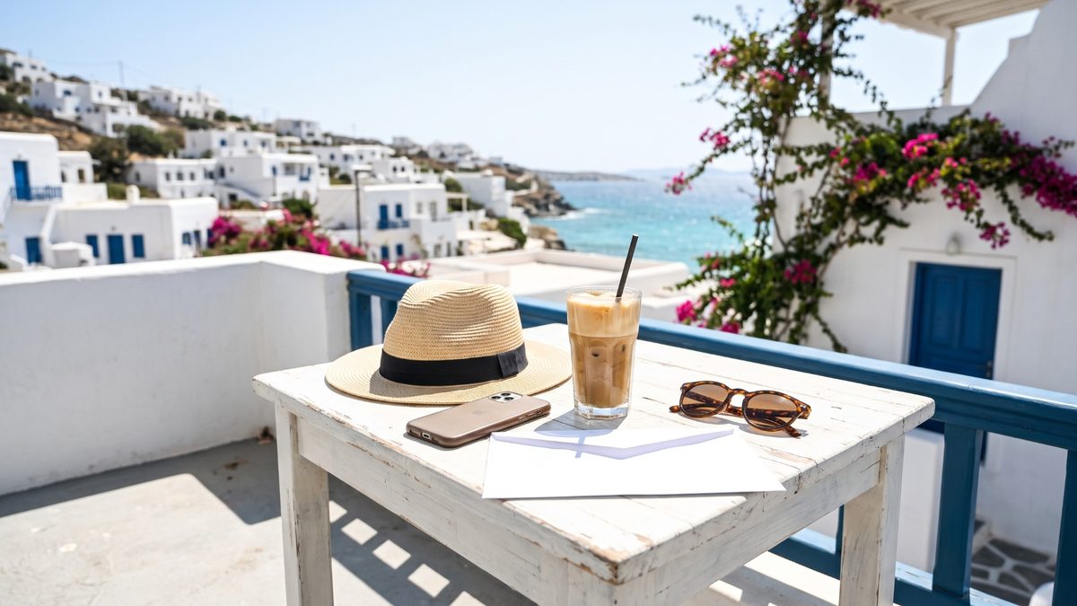 Strohhut, Eiskaffee, Handy, Sonnenbrille und ein Briefumschlag auf einem weißen Tisch auf einem Balkon einer griechischen Insel, dahinter weiße Häuser, Bougainvillea und türkises Meer.